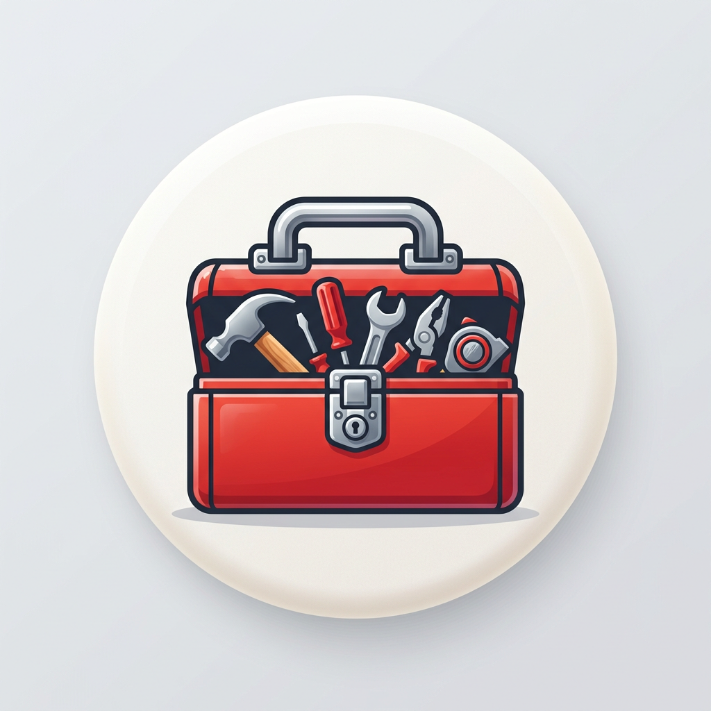 Red toolbox containing hammer, screwdriver, wrench, pliers, and measuring tape